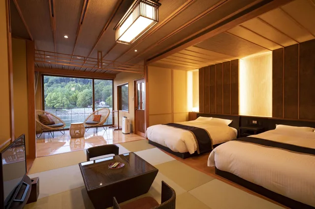 Luxury, Twin Beds, River View, Outdoor Bath, Kyoto Uji Hanayashiki Ukifune En 1/3