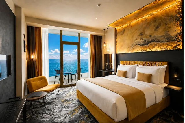 جناح بريميوم بسرير كينج بإطلالة على البحر مع أريكة بمطبخ صغير، Miramare Magnetic Beach Hotel 3/9
