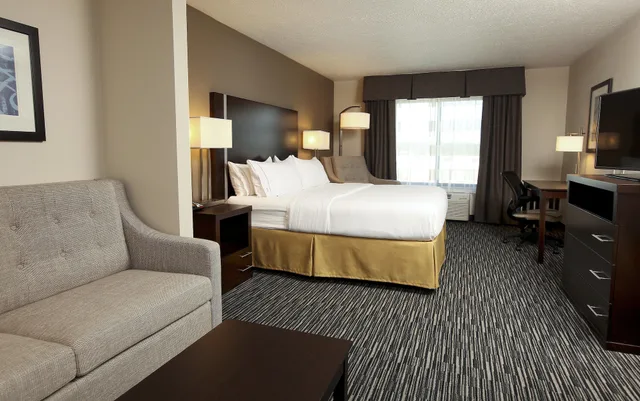 جناح بسرير كينج مع أريكة بمنطقة جلوس، Holiday Inn Express Ralston Arena Area 1/3