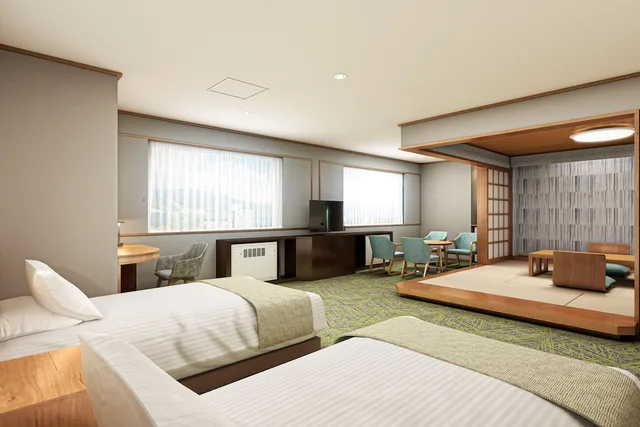 غرفة يابانية غربية بسريرين منفصلين وفرشتي فوتون، Kusatsu Onsen Hotel Resort 2/4