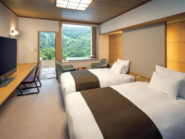 Twin Beds, Valley View, Outdoor Bath، Marumine Kanko Hotel 4/4