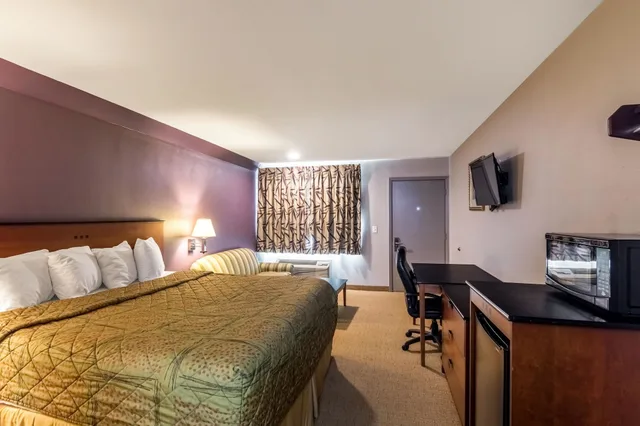 غرفة بسرير كينج يُسمح فيها بالحيوانات الأليفة للمدخنين، Rodeway Inn Arlington Entertainment District Area 3/10