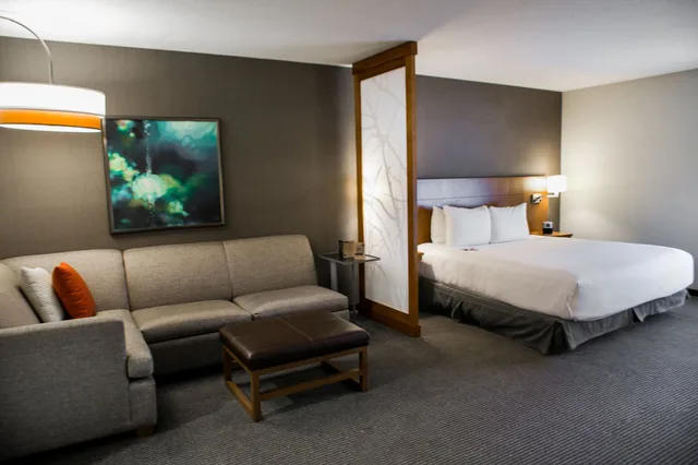 غرفة بسرير كينج مع أريكة في طابق مرتفع، HYATT PLACE PENSACOLA AIRPORT 1/1