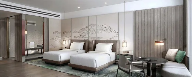 غرفة بريميوم بسريرين منفصلين بإطلالة على المدينة، HUALUXE Qingdao Licang, an IHG Hotel 3/8