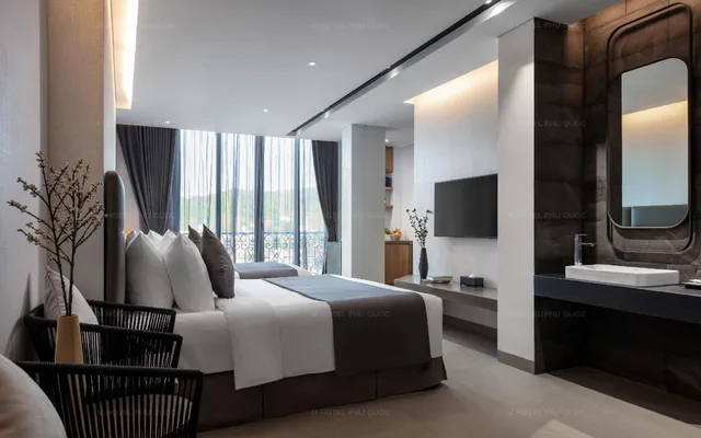جناح ديلوكس بسرير مزدوج وسرير فردي بإطلالة على المدينة، M Hotel Phu Quoc 1/1